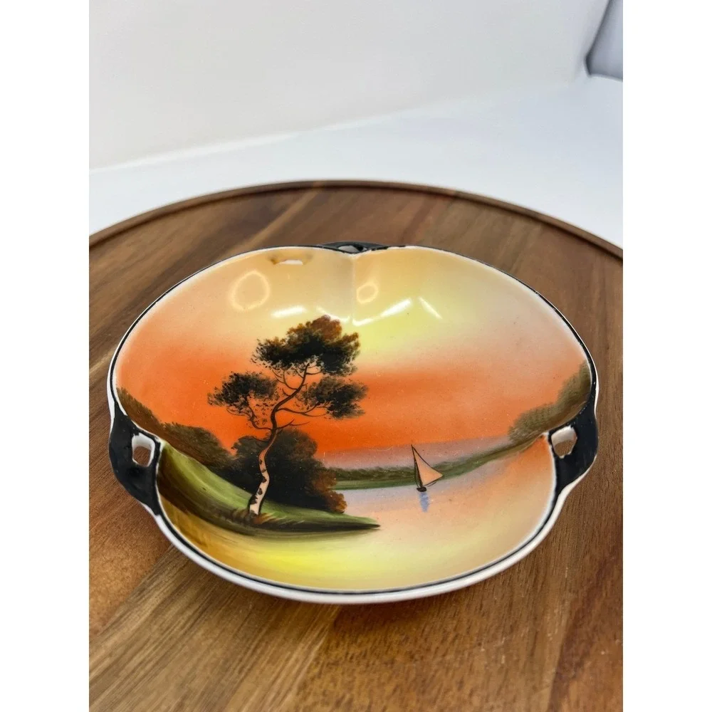 Vintage Hand‎ Painted Sugar Bowl Creamer Set Landscape Scene